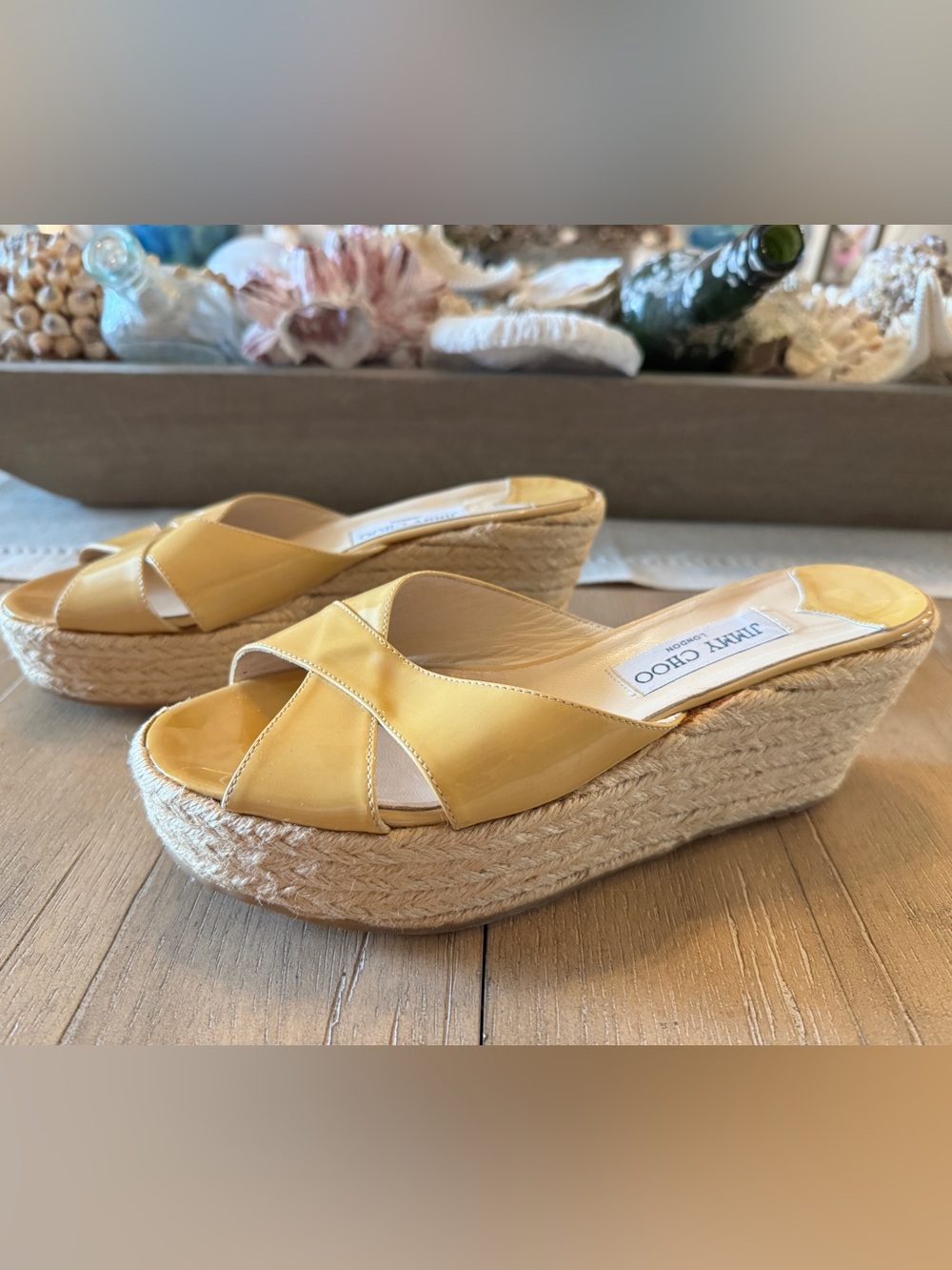 Jimmy Choo Patent Leather Raffia Espadrille Sandal Tan Women’s Size 40 (9.5/10)